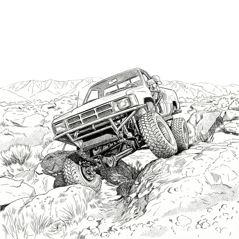 全悬挂 articulation 状态下穿越岩石的攀岩越野车