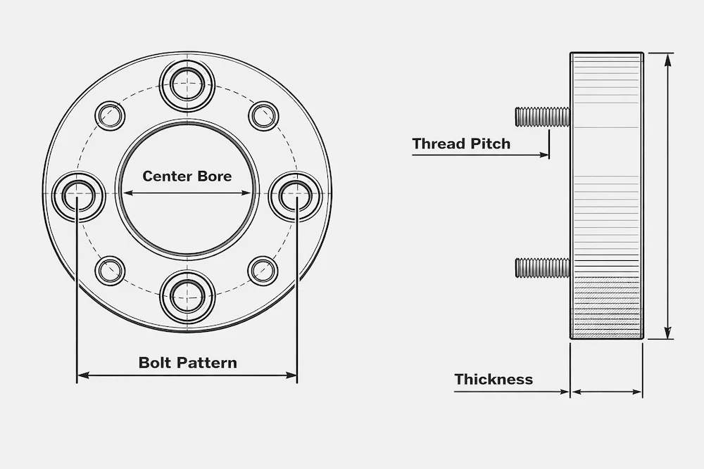 Wheel spacer technical spec. demonstration: center bore, bolt pattern, thread pitch and thickness